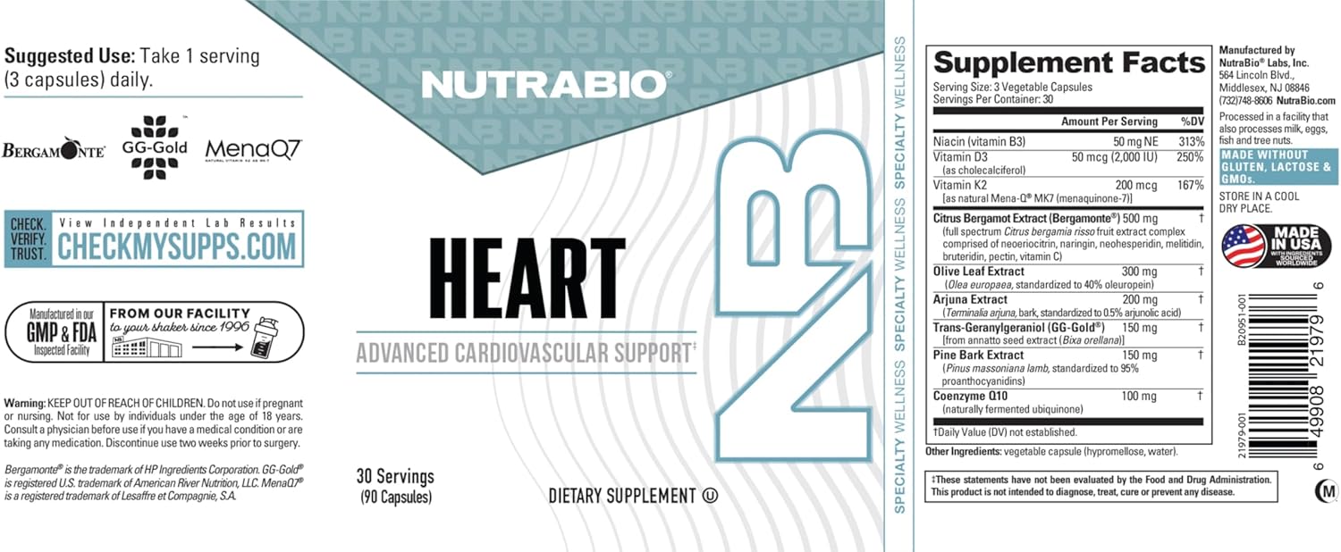 NutraBio Heart - Heart Health Supplements, Cardiovascular Supplement, Cholesterol, Circulatory & Healthy Blood Pressure Support - 90 Capsules - Image 7