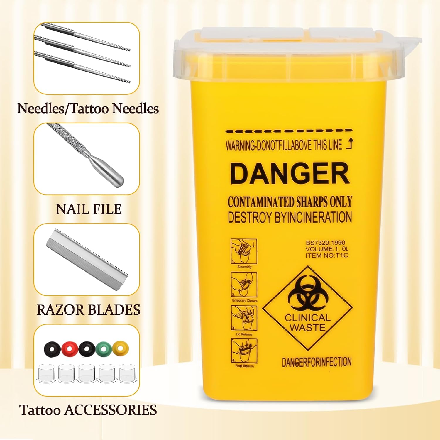 3pcs Needle Disposal Boxes Containers Tattoo Disposal Collector Sharps Containers Waste Boxes for Tattoo Supplies and Equipment (Yellow)