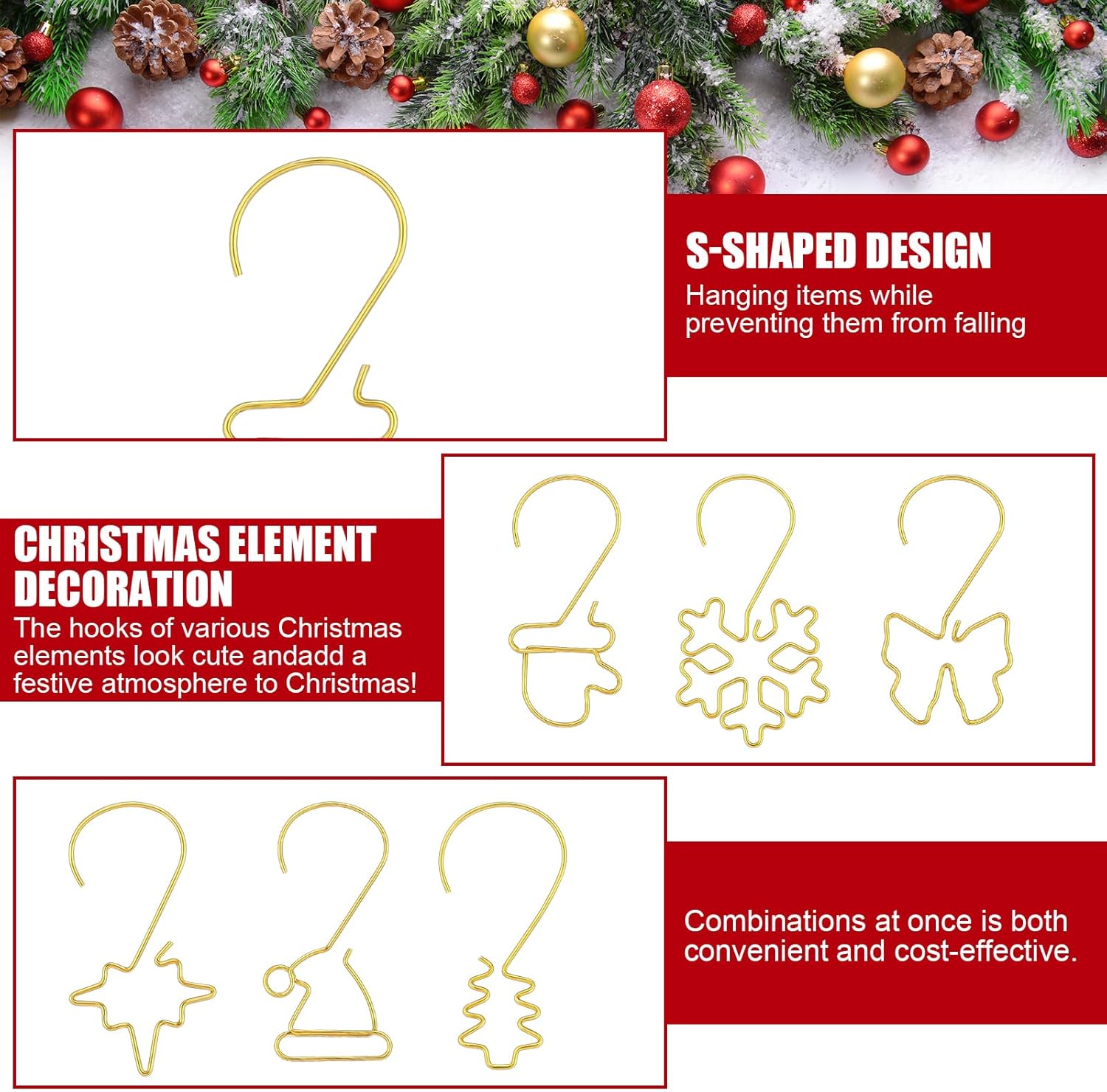 Yookeer 200 Pcs Gold Christmas Ornament Hooks 2 Inch 10 Styles Christmas Tree Ornament Hangers Including Deer Antler, Star, Snowflake, Gift Box. Etc, Durable Iron Metal Hooks for Xmas Tree Hanging - Image 4