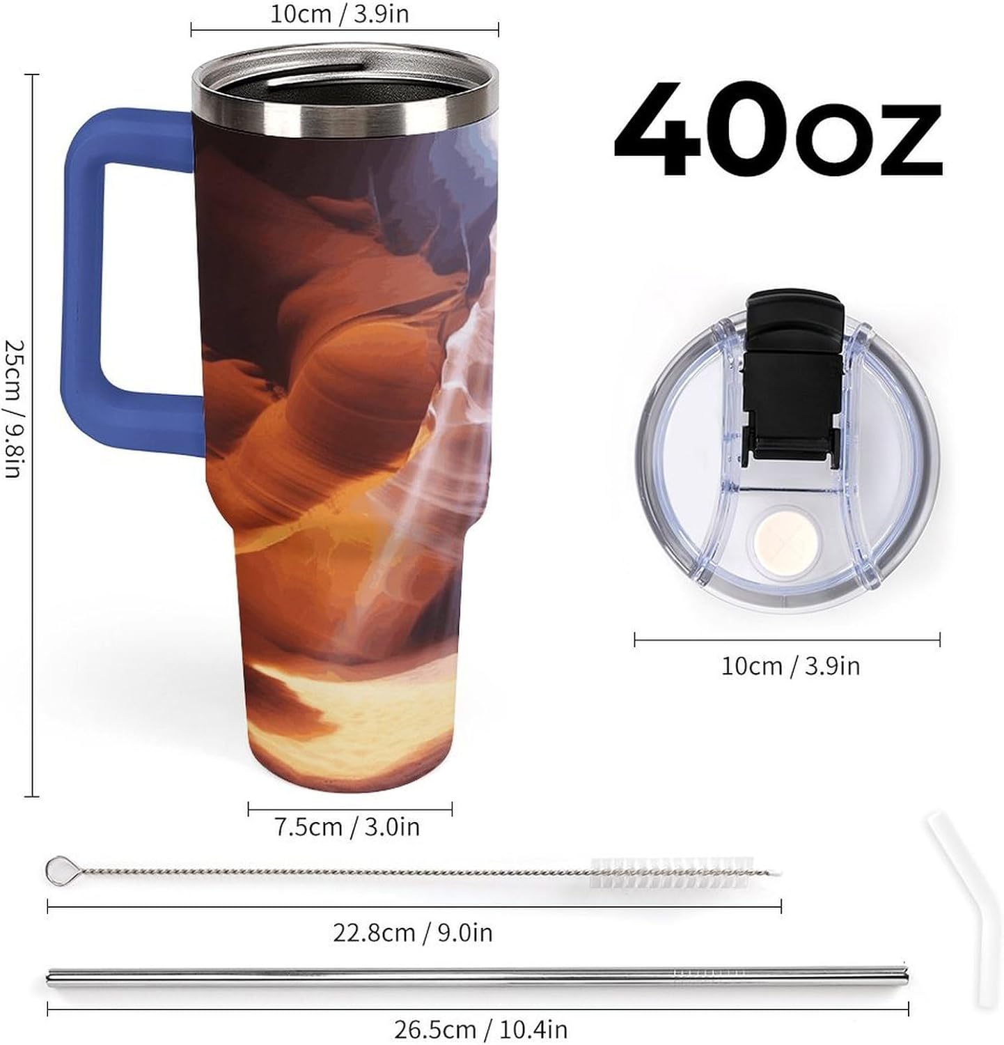 Antelope Canyon Tumbler Stainless Steel Large Car Cup with Handle&Straw Lid Portable Coffee Cup Leak-proof Water Bottle Insulated Vacuum Travel Mug for Home Outdoor 40oz