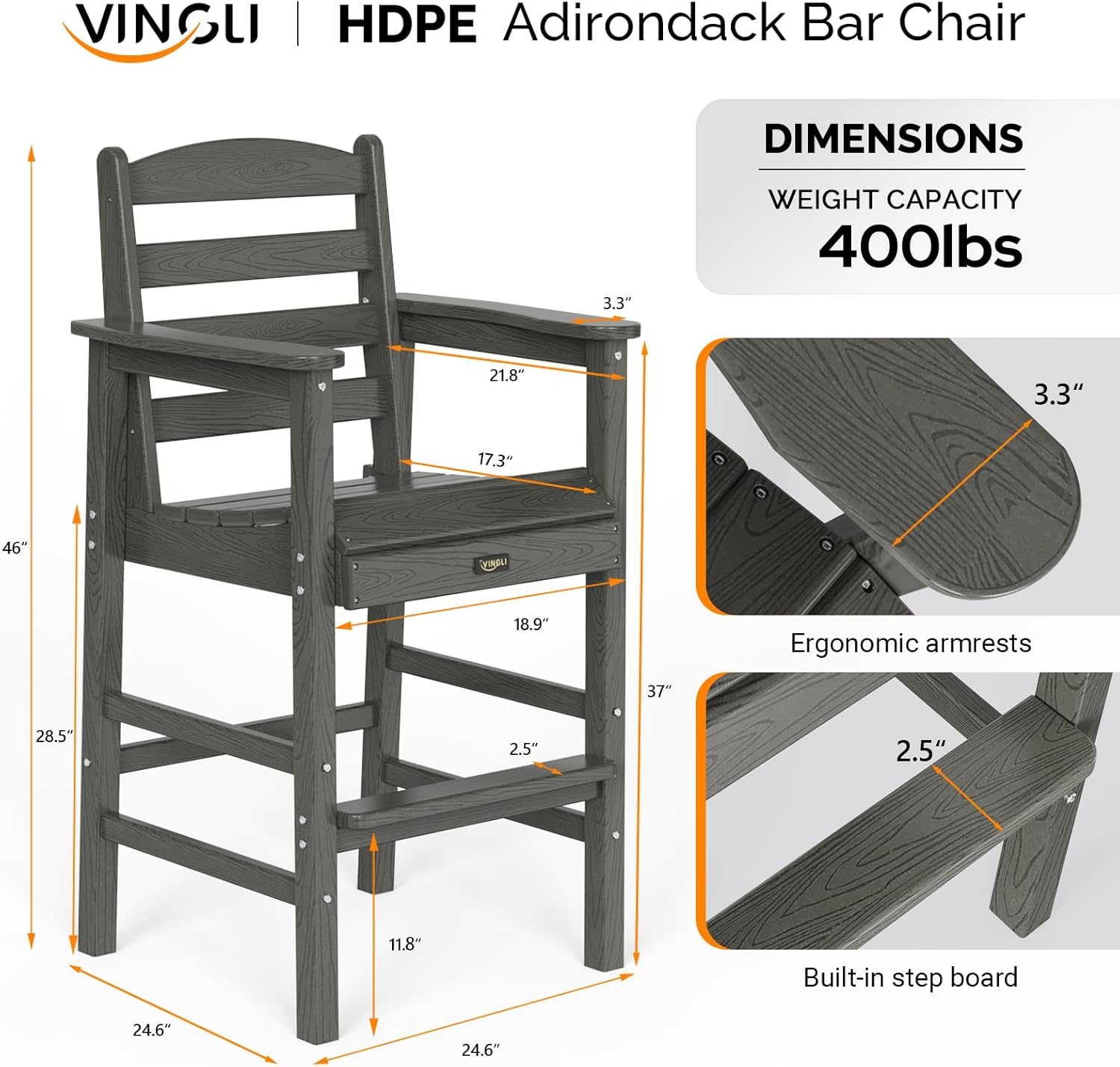 VINGLI Outdoor Bar Stools Set of 2, HDPE All-Weather Patio Bar Height Chairs Heavy-Duty Tall Adirondack Chairs for Backyard, Porch, Balcony and Poolside (Gray)