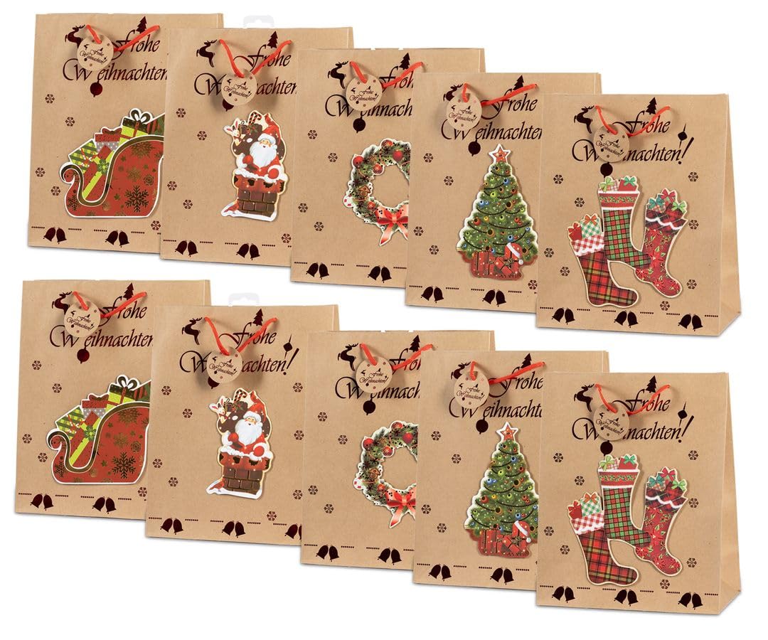Laro Premium Line Geschenktüten Weihnachten/Kraftpapier/3D/Glanzbilder 10/20/40/100stk Größe: H 32 x B 26 x T 13 x cm Large, Anzahl:100, Muster Tüten:Weihnachten Kraftpapier 3D Glanzbilder
