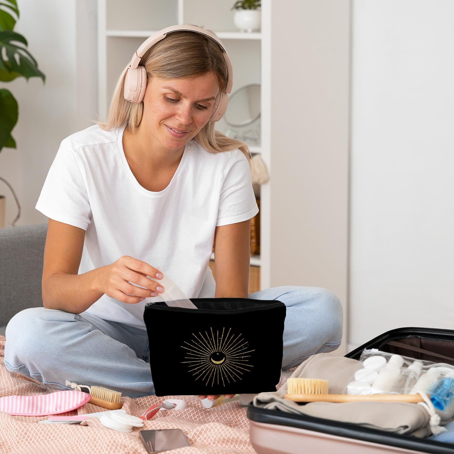Boho Black and Gold Sun and Moon Makeup Bag for Purse, Witchy Celestial Cosmetic Bag Travel Toiletry Bag for Women, Witchy Astrology Gifts for Women Zipper Makeup Pouch - Image 6