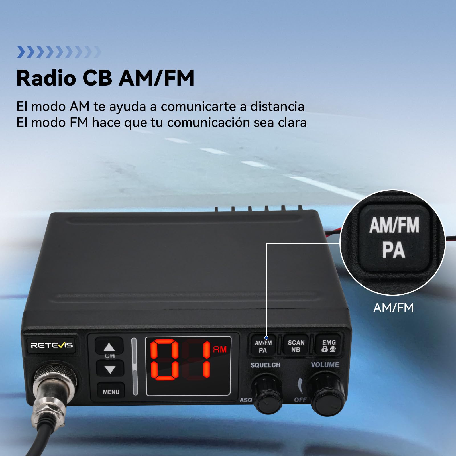 ‌Retevis MB63A Radio CB, Emisora CB Am/FM con Filtro de Ruido (NB/ANL), Sistema de Refrigeración, Enchufe de Mechero, Compatible 12V/24V, Megafonía, VOX, Emergencia CH9 para Camiones