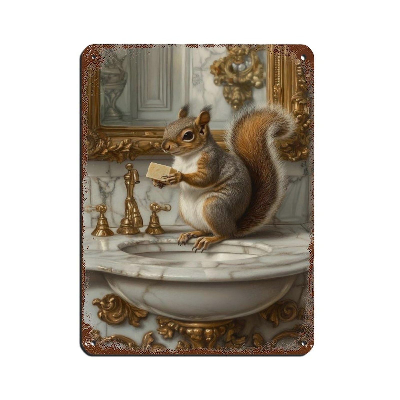 Whimsical Squirrel, Squirrel in Bathroom Retro Poster Metal Tin Sign Chic Art Retro Iron Painting Bar People Cave Cafe Family Garage Poster Wall Decoration 12x16inch(30x40cm)