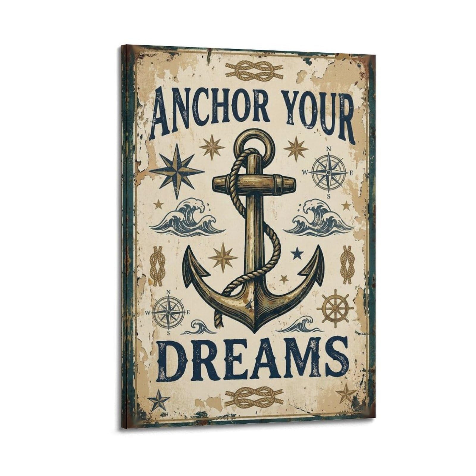 OKAHYS Vintage Nautical Anchor Dreams Rustic Poster Ocean Modern Decorative Canvas Prints - Ideal Wall Art for Family, Man Cave, Game Room, Boys & Girls Bedroom 24x36inch