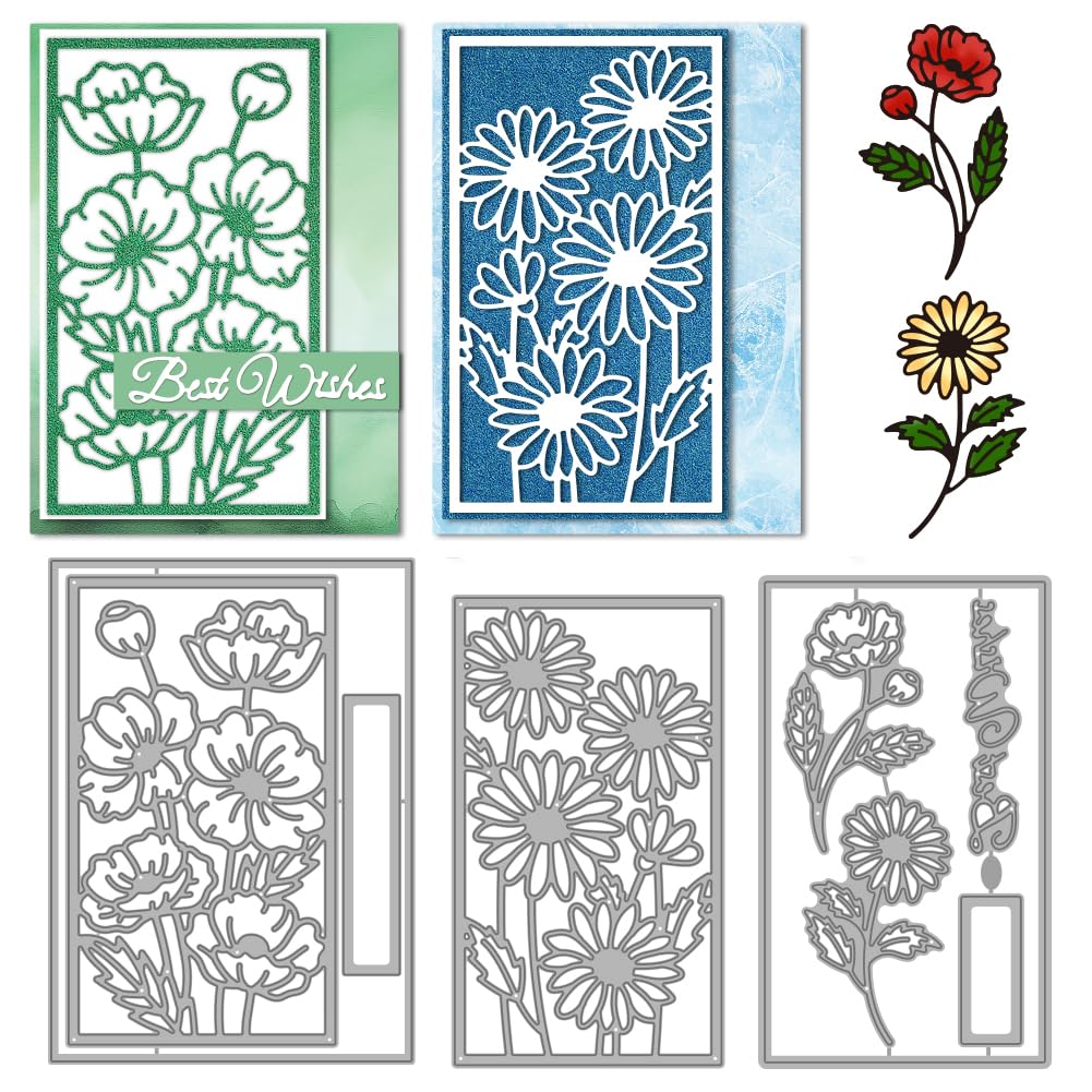 DELORIGIN Peony Daisy Cutting Dies Flower Background Frame Card Making Die Cut Carbon Steel Die Cuts Stencils Blessing Card Scrapbooking Embossing Template Dies for Birthday Greeting Card Album Decor