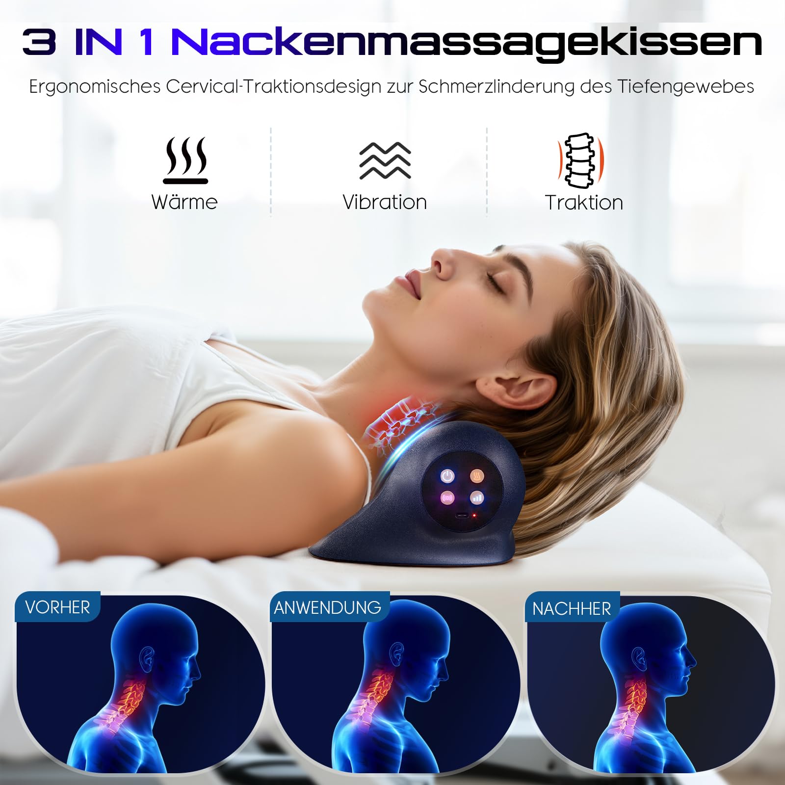 Nackenmassagegerät mit Wärme 3 Temperaturen (41-45°C), 3 Vibrationsmodi kabellos U-Form ergonomisch lindert Nacken Schulter & Rückenschmerzen Massagekissen, Geschenk für Damen Herren Eltern
