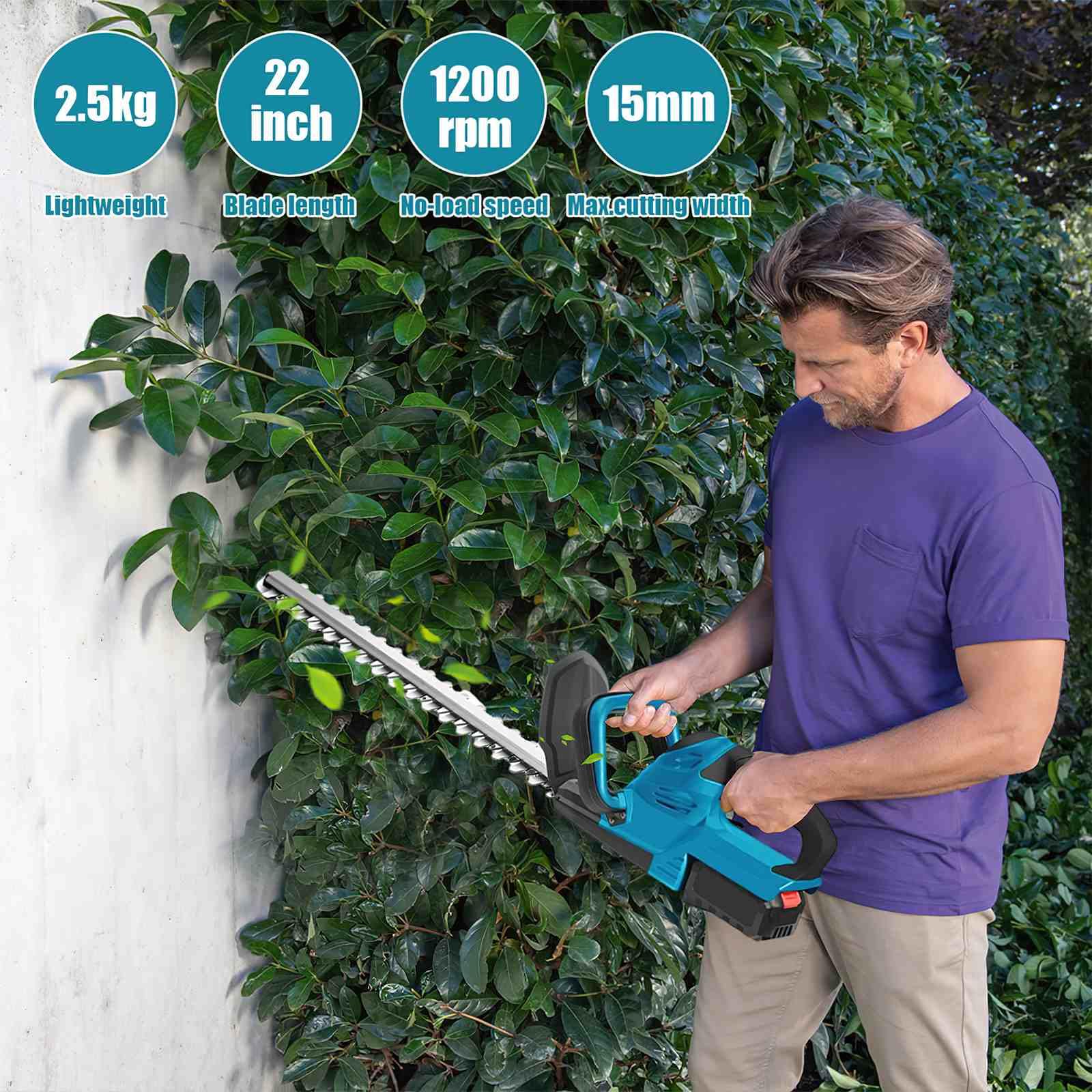 Tamaño seto batería, 21 V, tamaño seto con 2 baterías y cargador, corta-setos sin hilos 800 W, longitud de hoja 55,88 cm, ancho máximo de corte 15 mm, tamaño seto eléctrico para jardín, césped