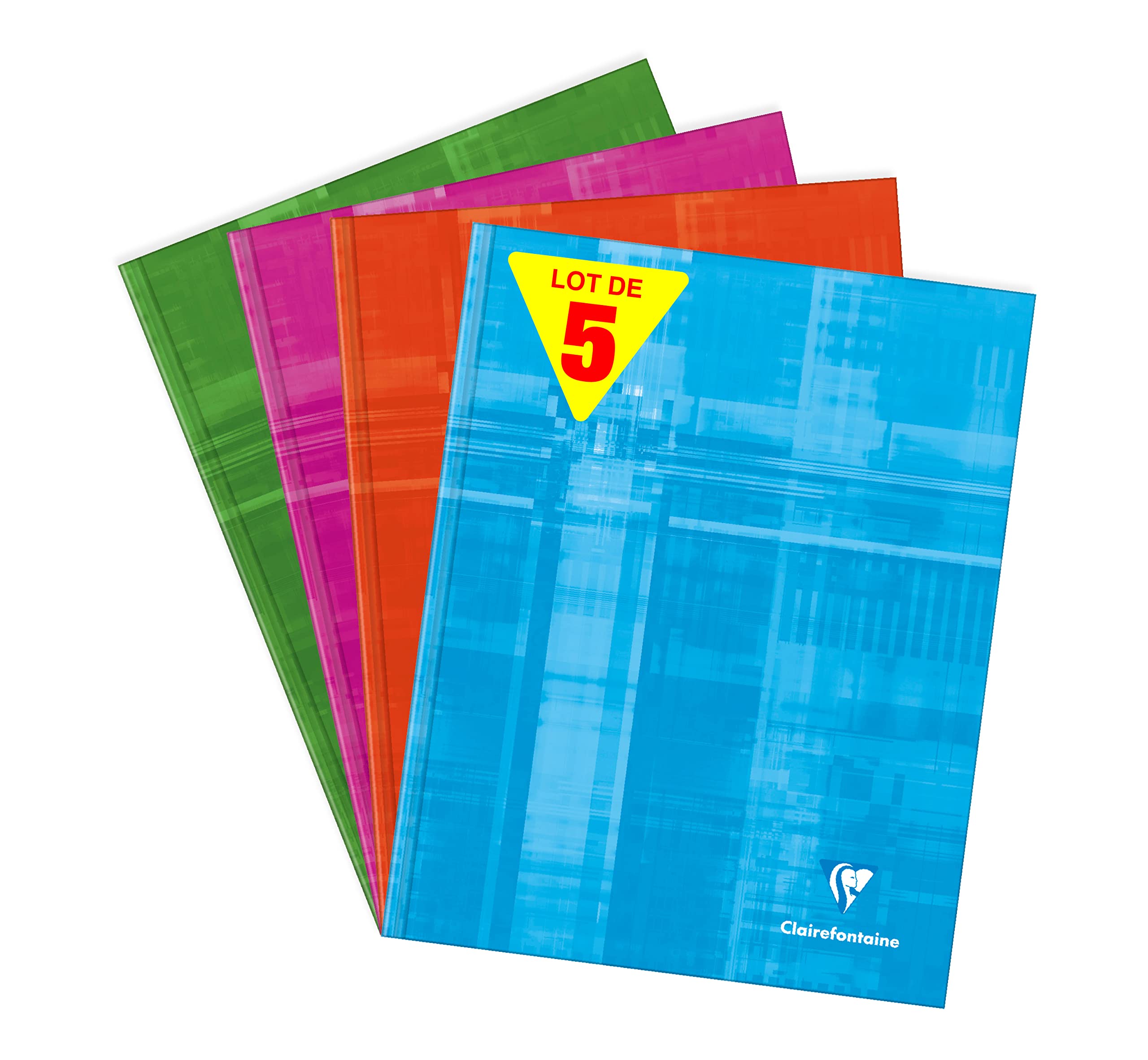 Clairefontaine 9841C Lot de 5 Cahiers Brochure Rembordée Rigide - 17x22 cm - 192 Pages Grands Carreaux - Papier Blanc 90 g - Couverture Carte Pelliculée - Couleurs Aléatoires