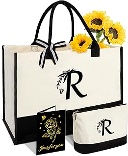 Personalized Gifts for Women - Initial Canvas Tote Bag & Makeup Bag, Custom Bags for Beach, Christmas, Wedding, Birthday, Holiday, Monogram Birthday Gifts for Women, Mom, Wife, Teacher, Friend - R