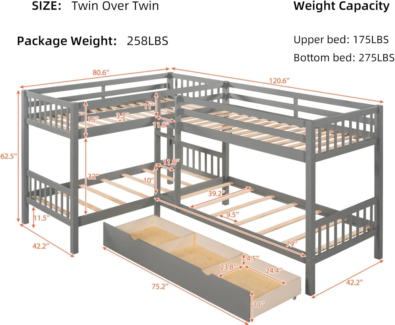 Merax Kids L-Shaped Bunk Bed Twin Over Twin with Drawers, Wood Low Floor Bunkbed Featuring Stairs Guardrail for Boys, Girls, Toddlers, No Box Spring Required, Grey