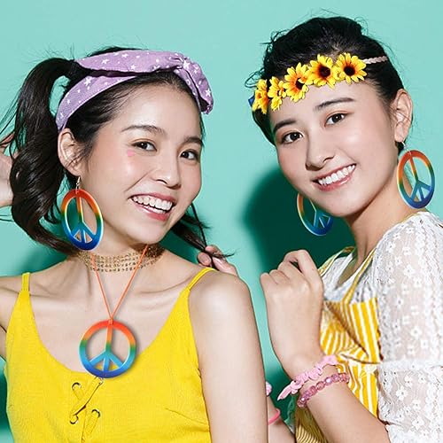 Miniatura 7 de ABOAT Juego de 4 piezas de disfraz hippie arco iris, signo de la paz y aretes, diadema de corona de flores y gafas de sol hippie