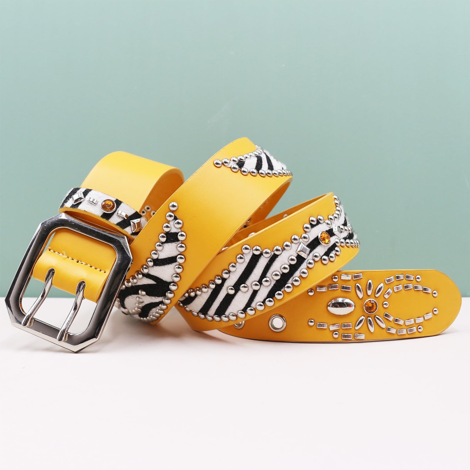 Cintura Borchie Uomo, Cintura Uomo in Pelle PU,Cinture Punk Rock Fibbia A Doppio Ardiglione Cintura Y2K Rapper per Jeans Pantaloni,Stile Hip-Hop Gotico Biker,A Yellow,125CM/49.2''