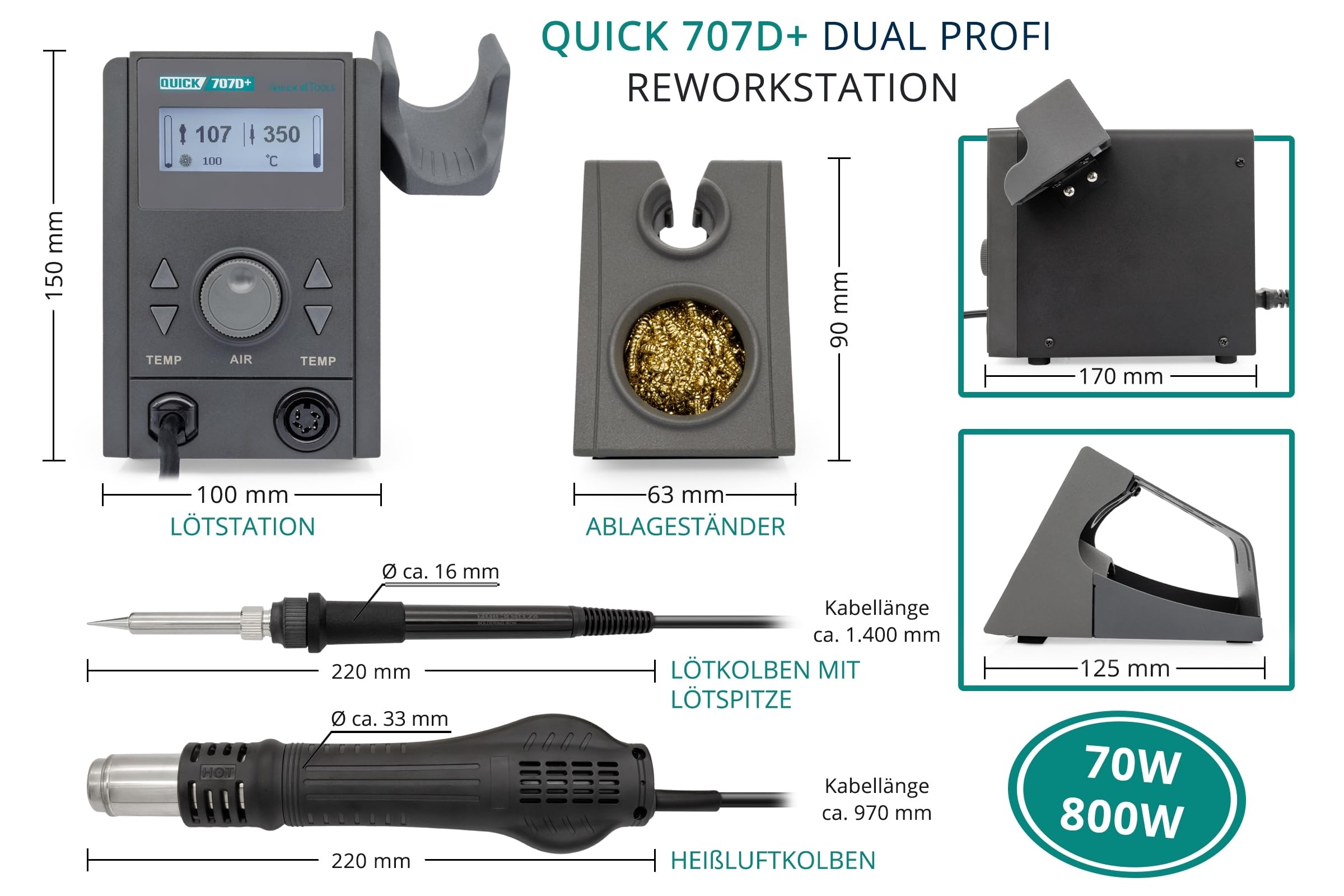 QUICK 707D+ 2in1 Reworkstation Sensor-geregelt und digital einstellbar, 800 Watt Heißluft 100-500°C bis 30L/Min, 70 Watt Lötkolben bis 480°C - SMD Reworkstation - Standby - Auto-Kühlsystem