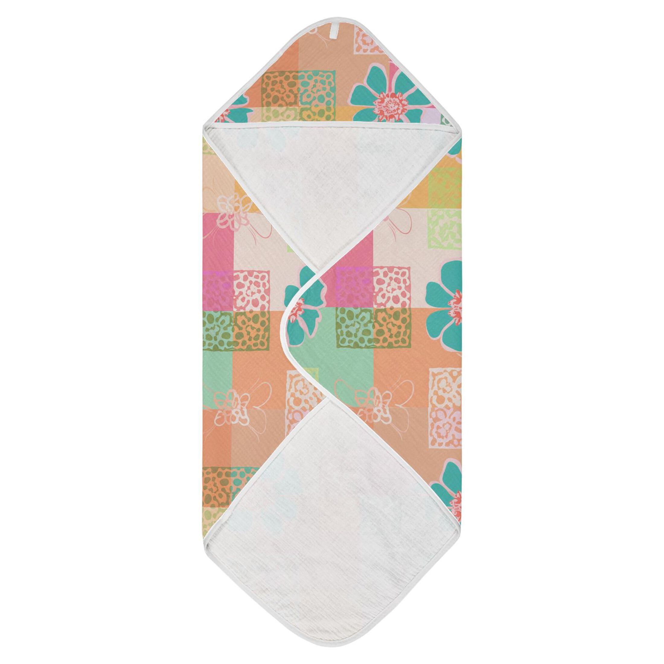 Kigai Baby Hooded Towel Absorbent Baby Bath Shower Towel with Hood for Newborn Boys Girls Babies Infant Toddler (Flower on Squares 30 x 30 in)
