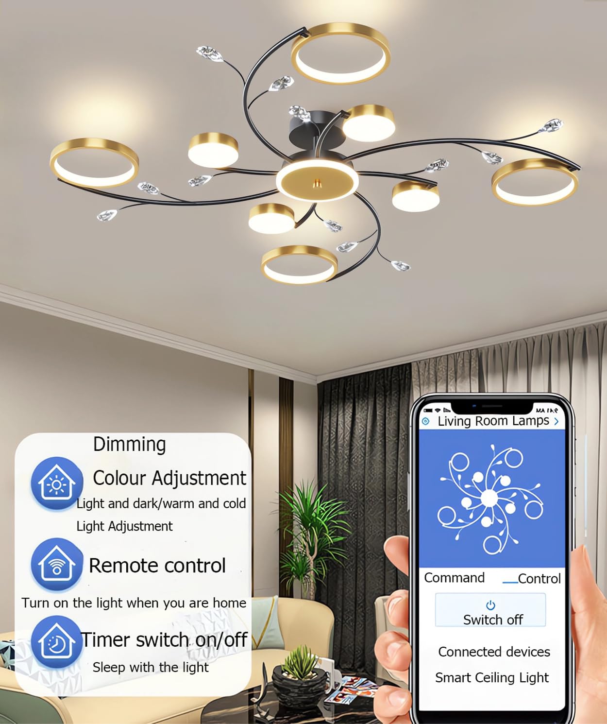 Ściemnialny kryształowy żyrandol LED ze zdalną regulacją 3000K-6000K 110W wielogłowicowa lampa sufitowa do salonu sypialni jadalni Energooszczędna ciepła chłodna biel (8+1 głowic)