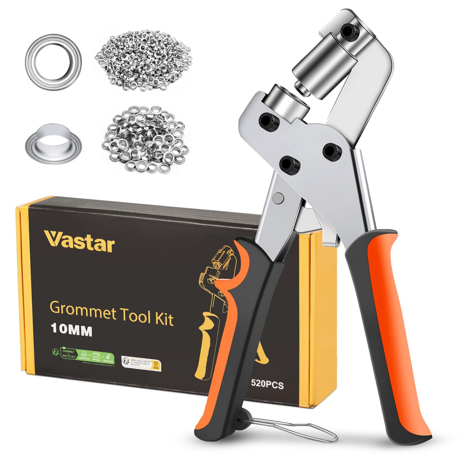 Vastar Eyelet Punch Kit, 520Pcs Grommets Eyelets with Grommet Setting Tool, Magnetic Eyelet Pliers Fabric Hole Punch, Eyelets for DIY Projects Leather, Shoe, Clothe, Canvas(10mm Inside Diameter)