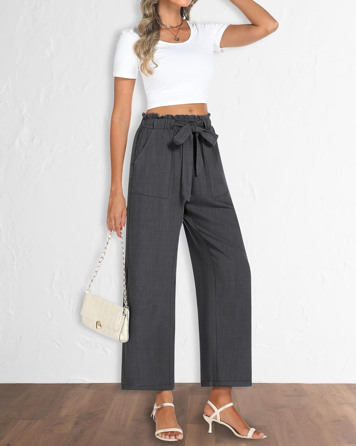 Neer Women's Linen Wide Leg Long Pants with Pocket Elastic Waist Straight Casual Pants Adjustable Tie Knot Loose Trousers - Image 3