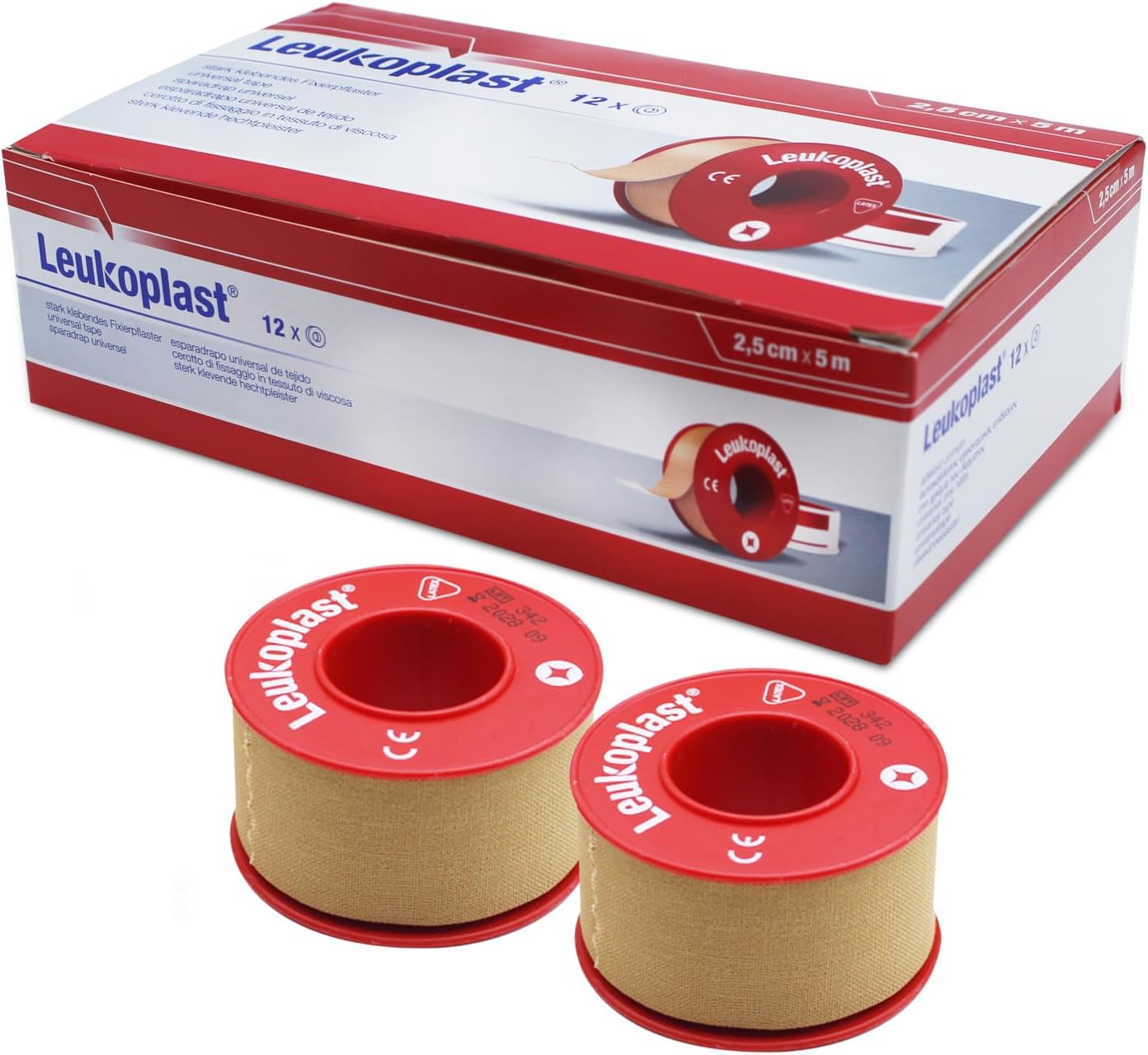Leukoplast Roll Plaster 2.5 cm x 5 m, Fixing Plaster Roll with Protective Ring, Leukosilk Adhesive Plaster Roll, Medical Tape for Wound Dressing Fixation (Pack of 12)