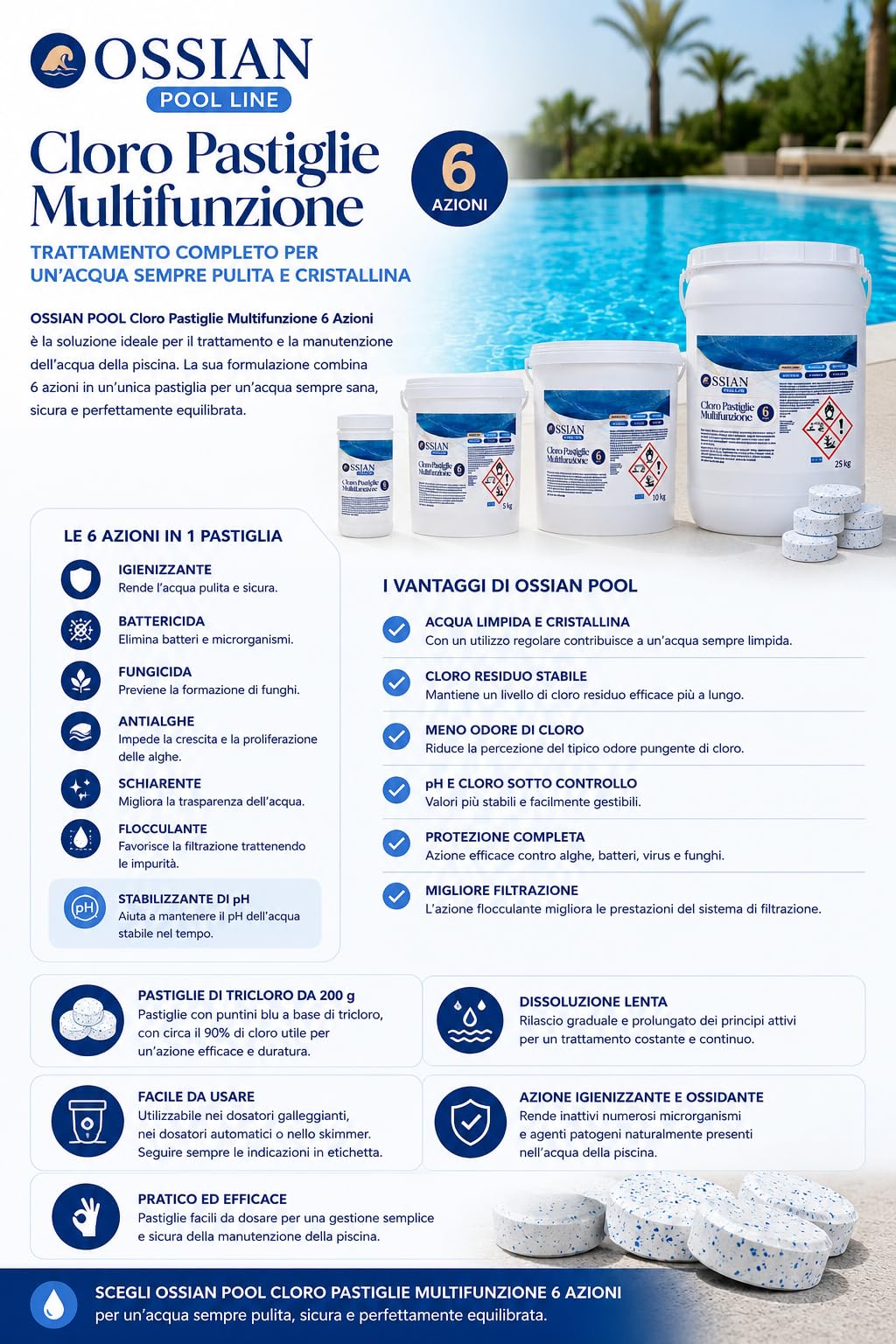 Ossian Pool Cloro Multifunzione 6 Azioni Pastiglie 200 g, Tricloro 90% Antialghe, Flocculante, Stabilizzante pH, Igienizzante, Battericida, Schiarente per Piscina (10 Kg, 10000, grammo, 1)