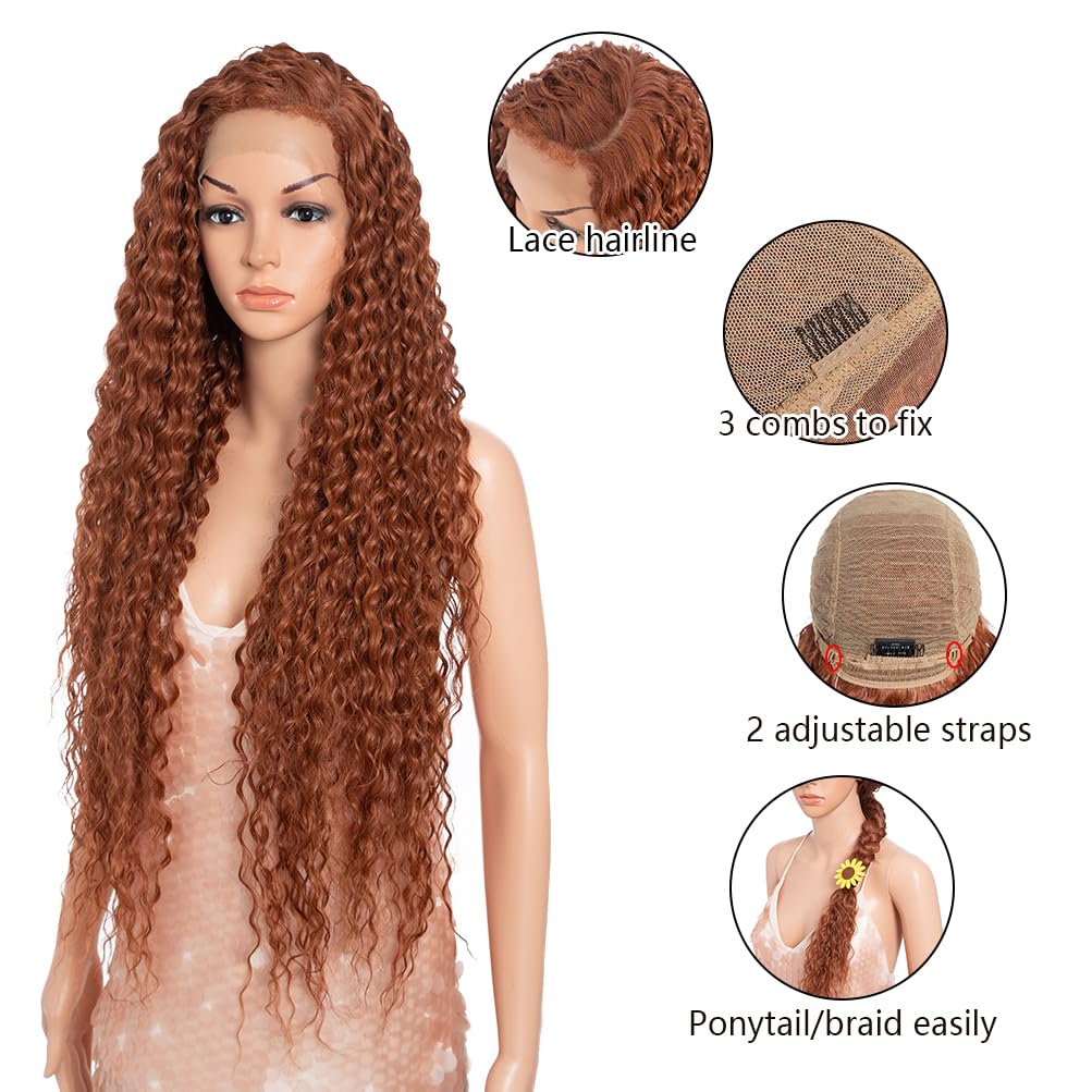 Style Icon 36”Super Long Curly Wig C-Shaped Side Part Lace Wig Afro Baby Hair Synthetic Orange Red Color Wigs(36 inches, 130T)