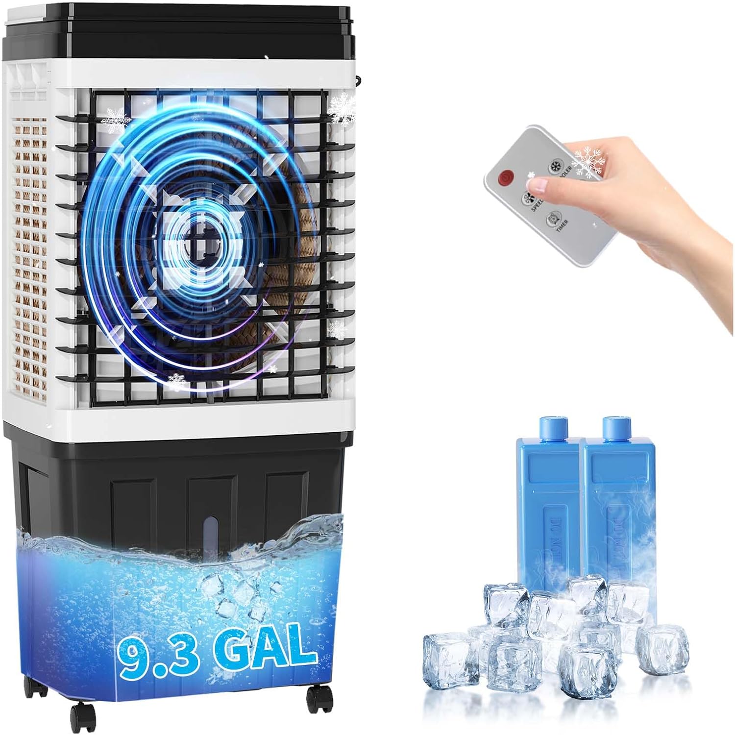 TABU 2953CFM Evaporative Air Cooler, 3-in-1 Portable Swamp Cooler with Cooling,Fan & Humidifier,120° Oscillation,3 Wind Speeds,7.5H-Timer,Remote Control,Ice Packs,Black