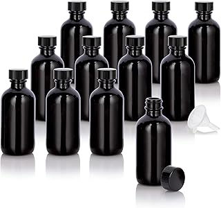 JUVITUS 2 oz Black Glass Luxury Boston Round Bottle with Black Phenolic Cap (12 Pack) + Funnel