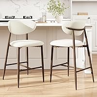 MALOL Counter Height Bar Stools Set of 2 with Backs - Upholstered Beige Fabric, Wood Grain Metal Legs for Kitchen Island