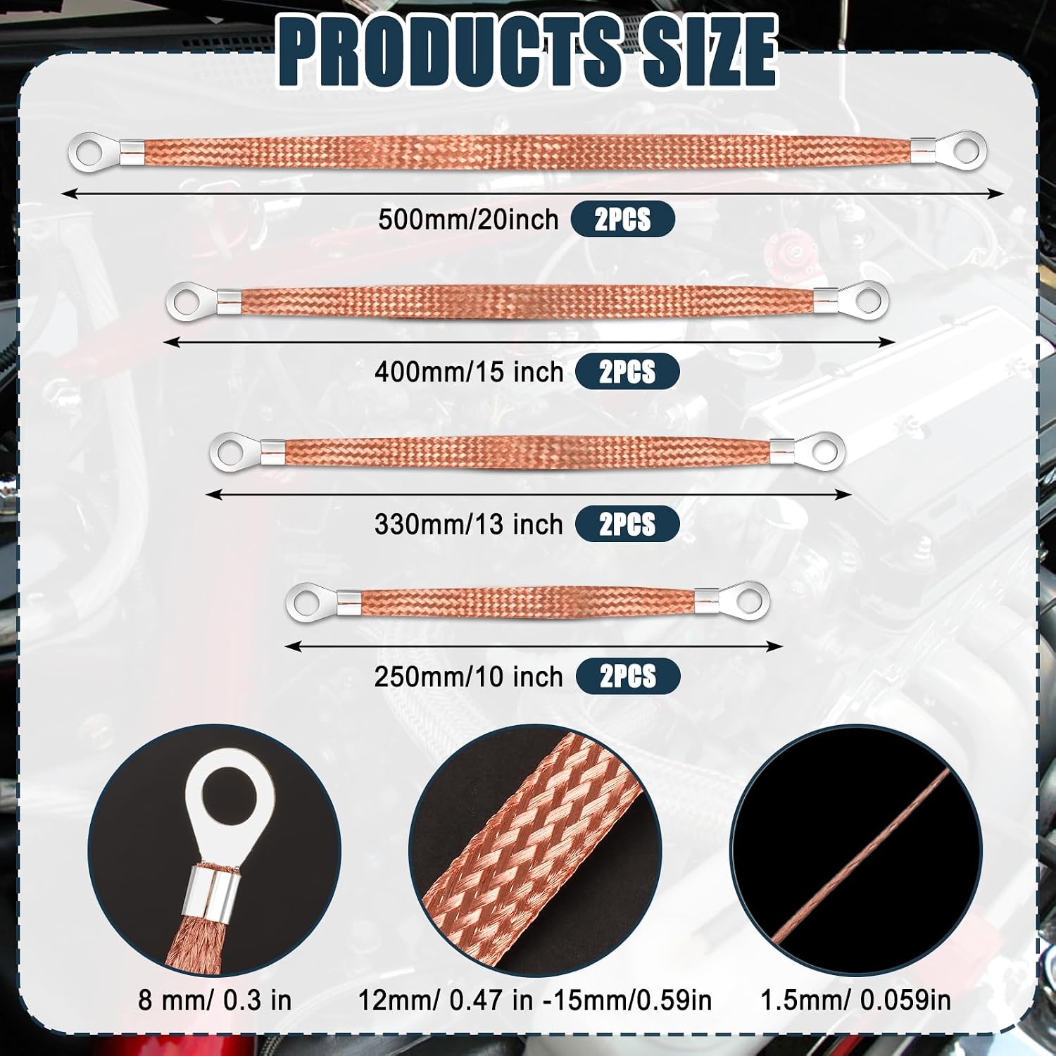 Ground Strap Automotive,8pcs 10/13/15/20 inch Grounding Strap Vehicle Universal Engine Ground Straps Kit Copper Braided Grounds Straps GroundStrap Wire GroundStrap for Most Cars (Brown-Thicken)