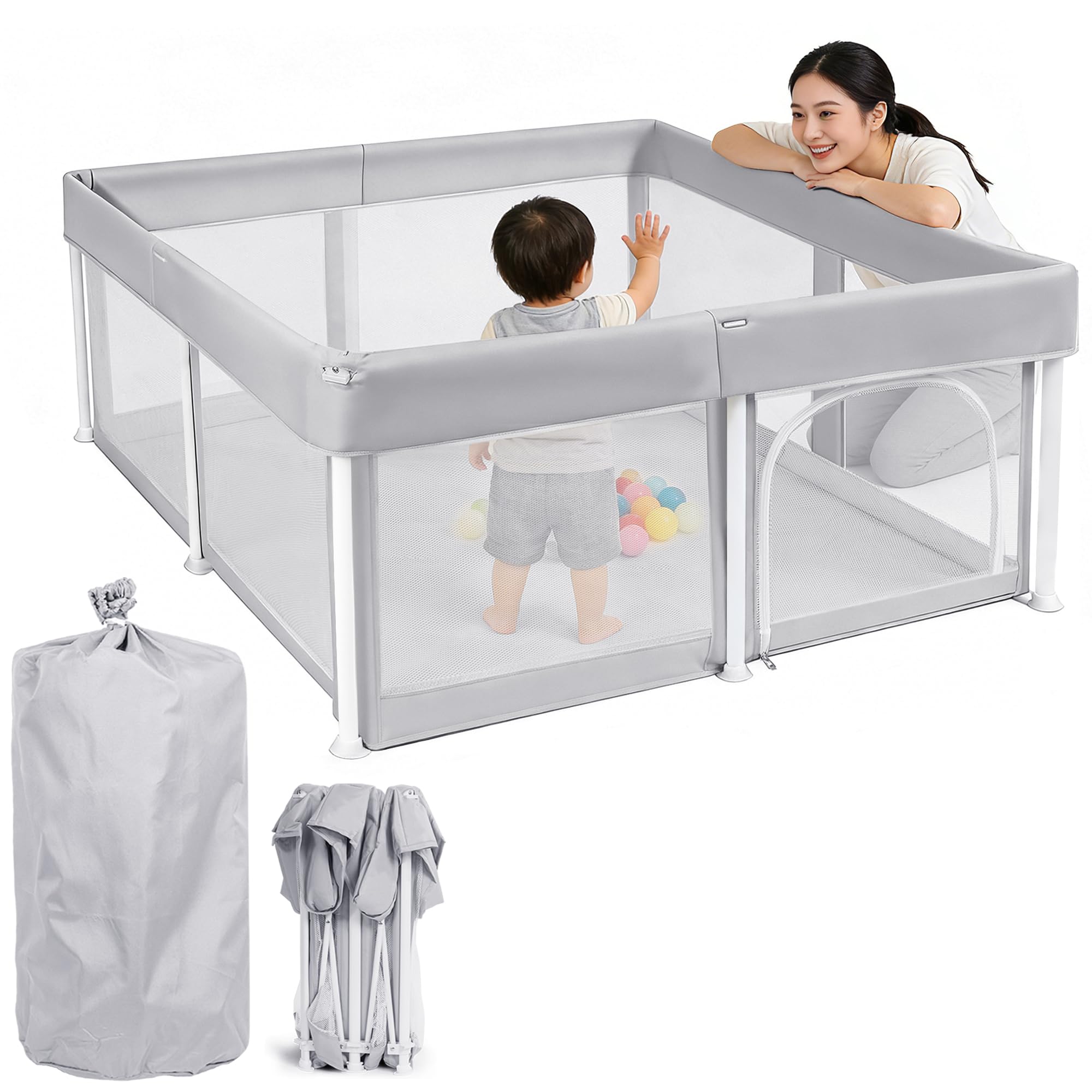 Parc pliable pour bébé, 125 x 125 cm, gris clair | Parc pour bébé avec sac de rangement, grande zone de sécurité et maille respirante, parc pour intérieur/extérieur