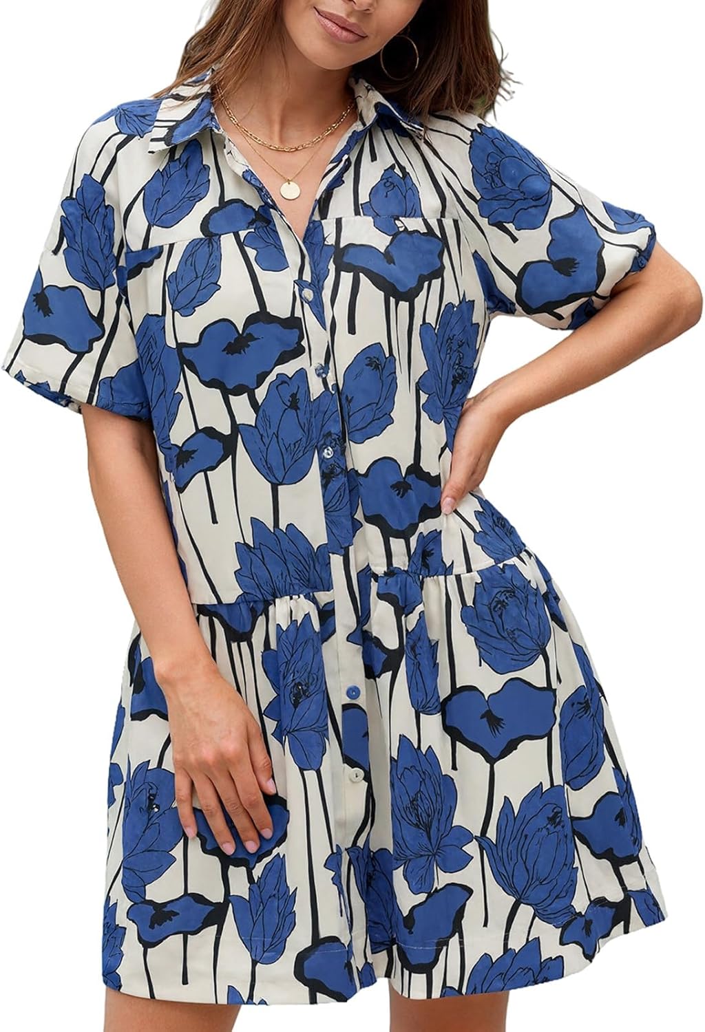 Women's Summer Button Down Shirt Dress Floral Puff Short Sleeve Casual Loose Fit Beach Mini Dresses - Image 3