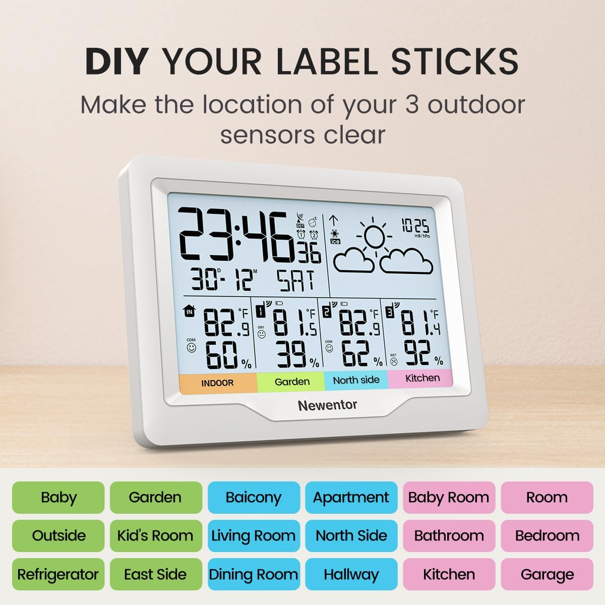 Newentor Weather Stations Wireless Indoor Outdoor Multiple Sensors, Indoor Outdoor Thermometer with Atomic Weather Clock Battery Powered, Temperature Humidity Monitor and Barometer for Home, White