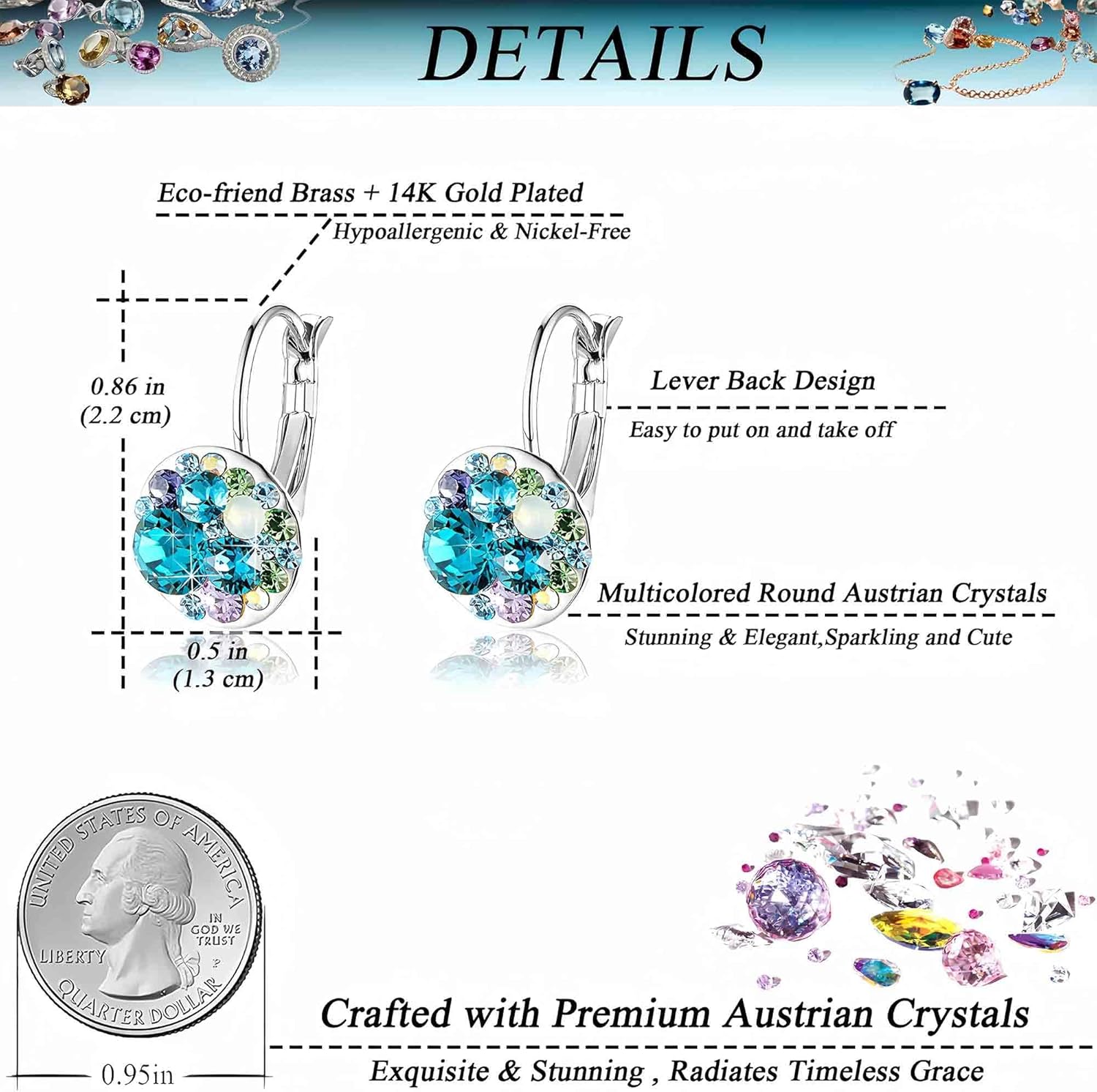 Multicolored Austrian Crystal Leverback Earrings for Women 14K Gold Plated Dangle Hoop Earrings Hypoallergenic Jewelry - Image 4