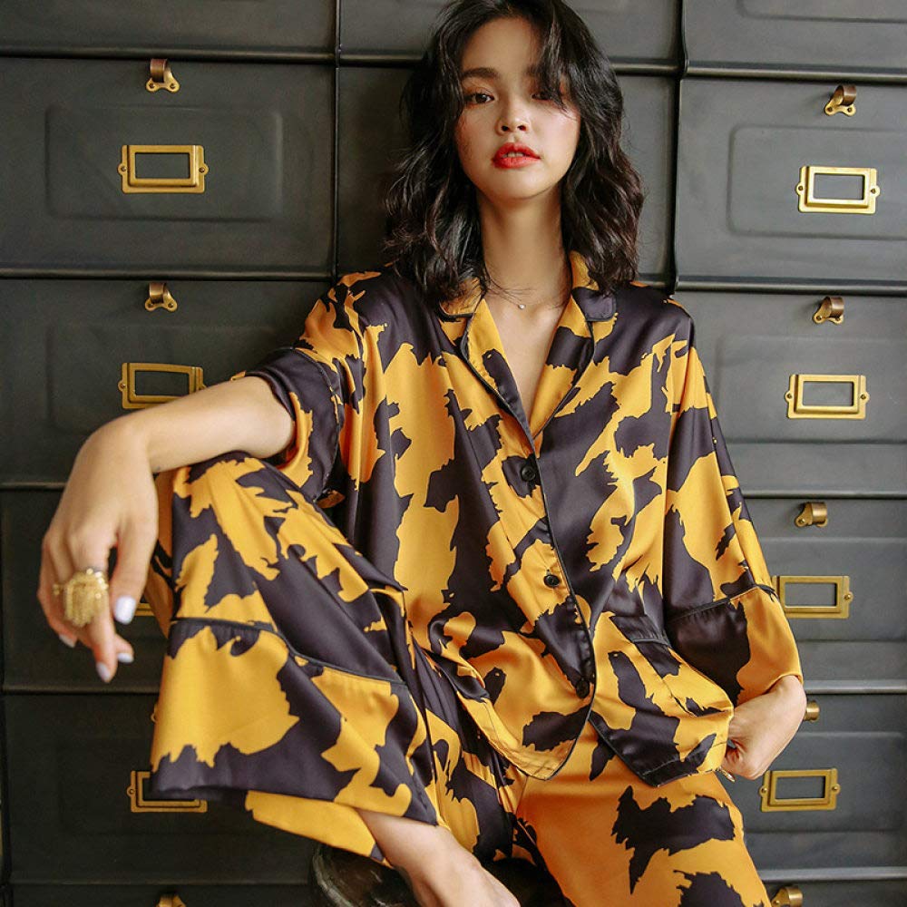 Pijamas De Mujer,Conjunto De Pijama De Satén De Seda Para Mujer,Ropa De Dormir De Primavera Y Verano,Estampado Abstracto,Manga 3/4,Dorado,Negro,Se Puede Usar Al Aire Libre,Ropa De Dormir,Ropa De Dor