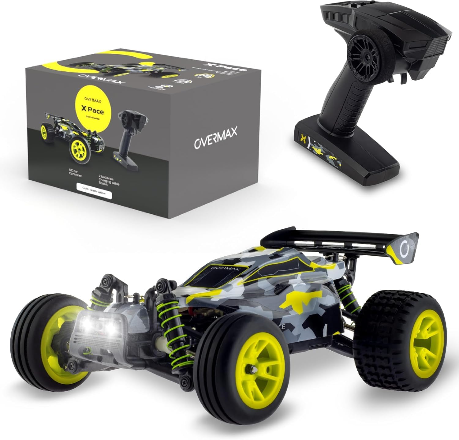 Overmax X-Pace RC Plane 4x4 Speed Tracción 45kmh Alcance 100 Metros Suspensión de Resorte Independiente Luces LED Big Car Conducir sin Cargar: 30 Minutos