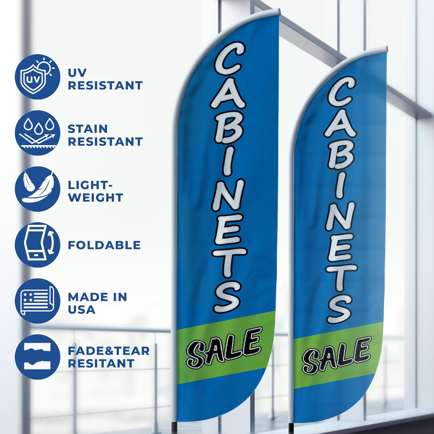 Cabnets Sale Feather Flag(11.5feetX2.5feet) by DreamController for Business Outside with optional add-on Pole(15Feet) and Groundspike | Custom Swooper Flag | Made in USA