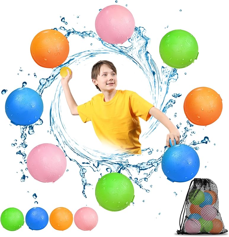 Reusable Water Balloons, Kids Summer Outdoor Toys, Quick Fill Self Sealing Water Bomb for Kids Adult Water Polo Fight Games,Summer Fun Party Water Balls with Storage Bag (8pack)