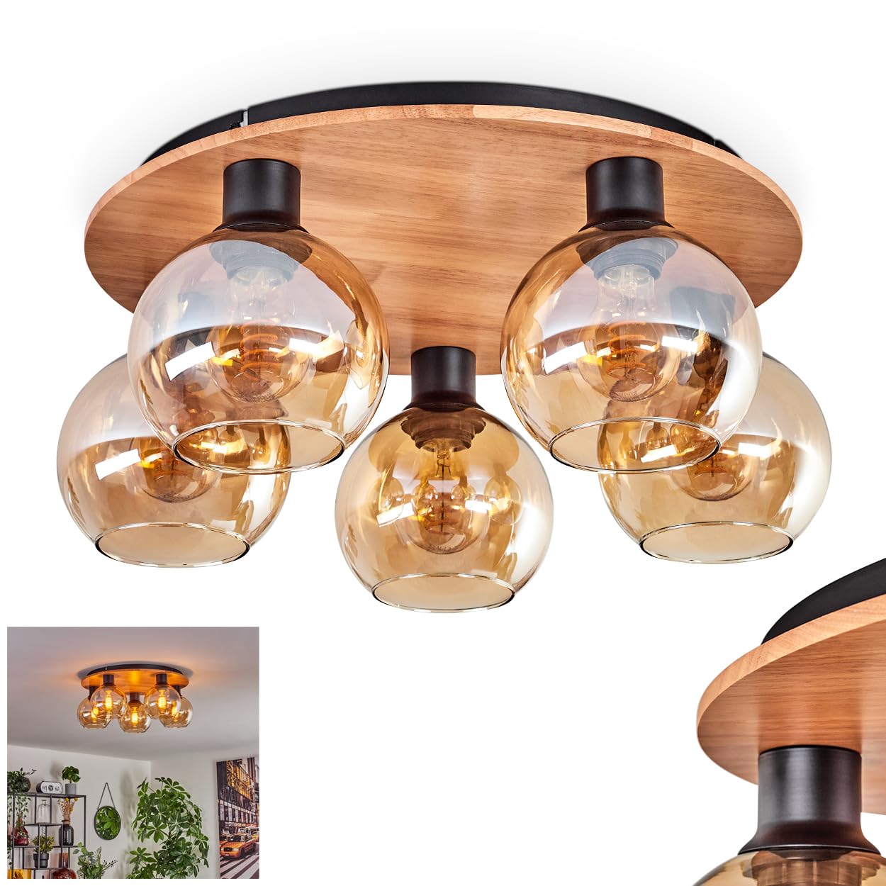 Hofstein Light/Black/Amber Koyoto Ceiling Ceiling Lamp Made Of Metal/Wood/Glass In /Natural/ Colours, Retro/Vintage Design Luminaire With Glass Shade (Ø 15 Cm), 5 X E27, Without Bulbs