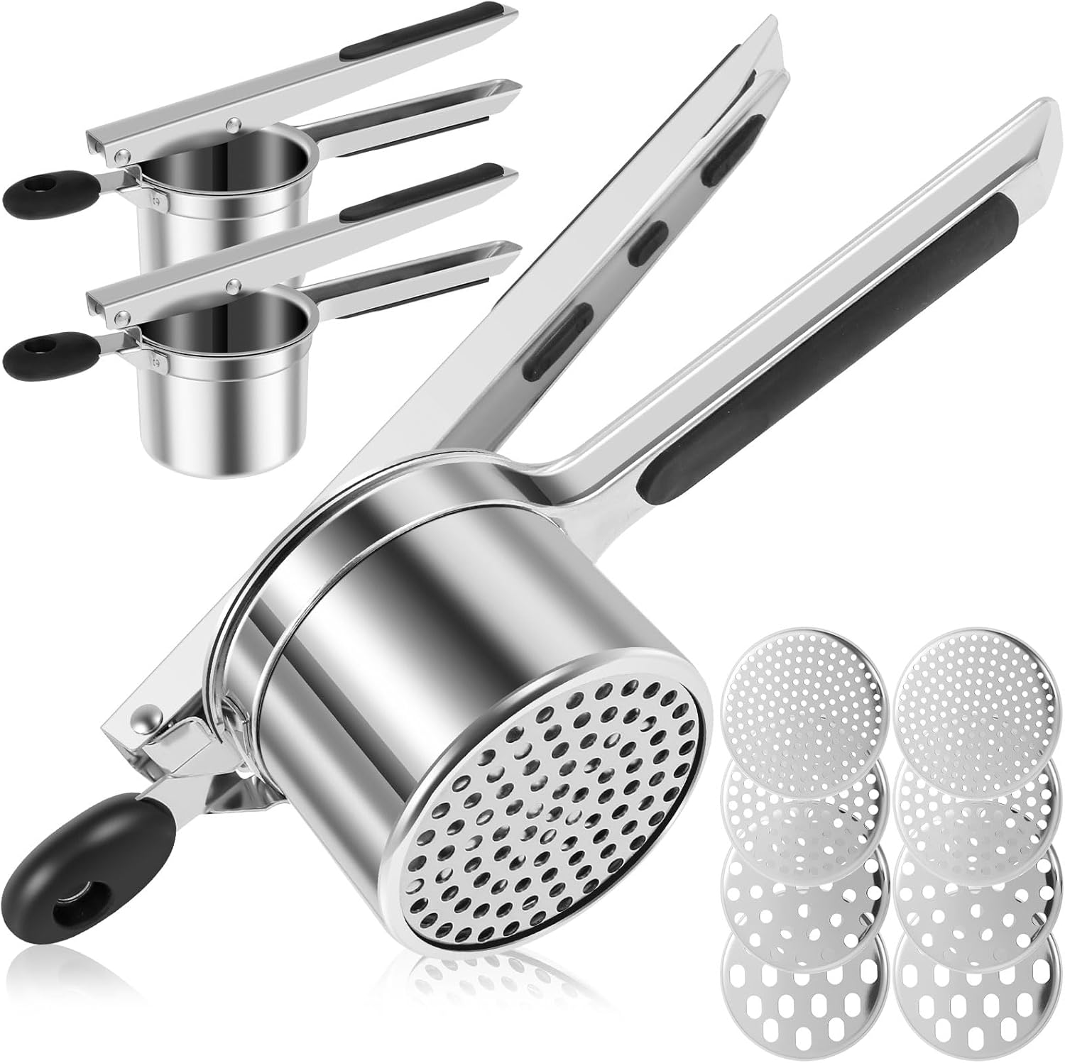 2 Pcs Potato Ricer Stainless Steel Potato Masher with 4 Interchangeable Discs Nonslip Potatoes Press Mashed Potatoes Ricer Masher for Mashing Kitchens
