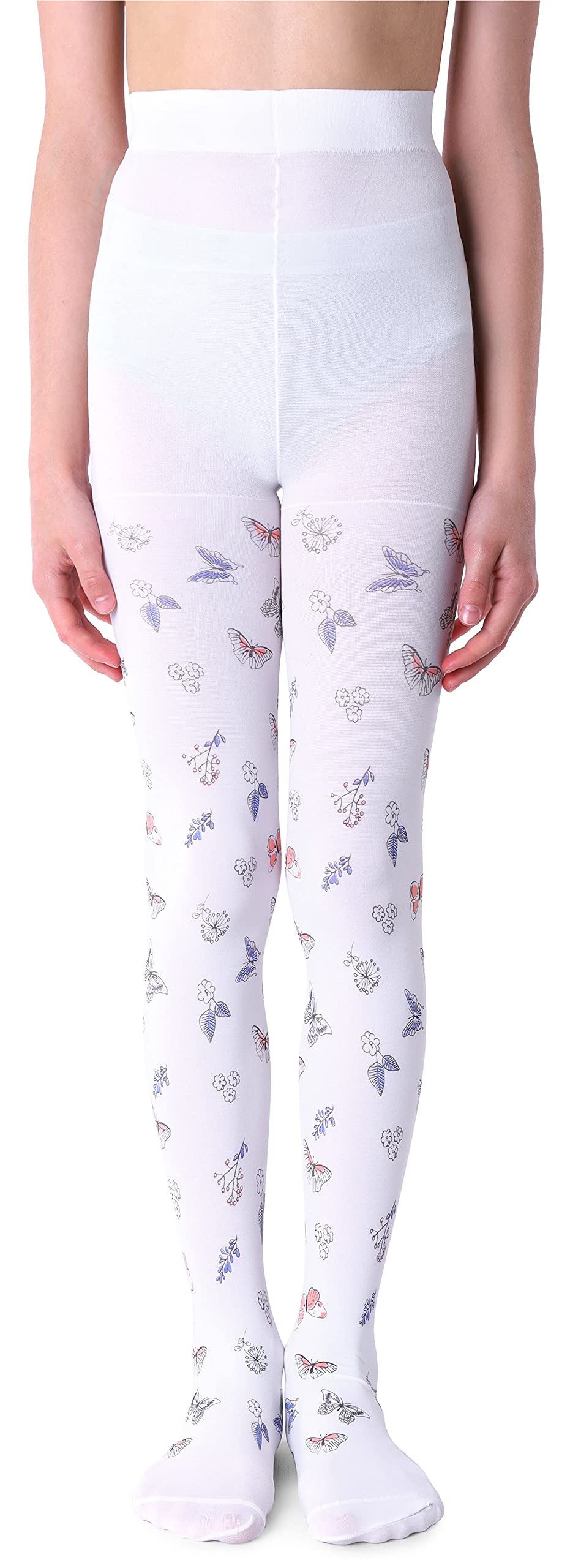NOQ Children Thin Tights with Beautiful Print Girls Patterned Pantyhose 40 DEN School Dance Ceremony Casual, Mariposa Bianco 8-9 years (128-134)