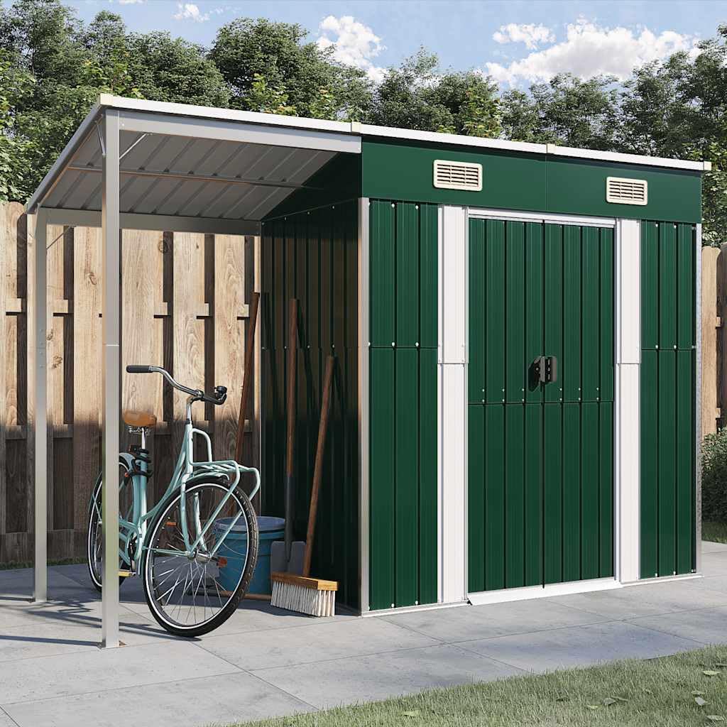 vidaXL Capanno Giardino con Tetto Esteso Verde 277x107x181cm Acciaio