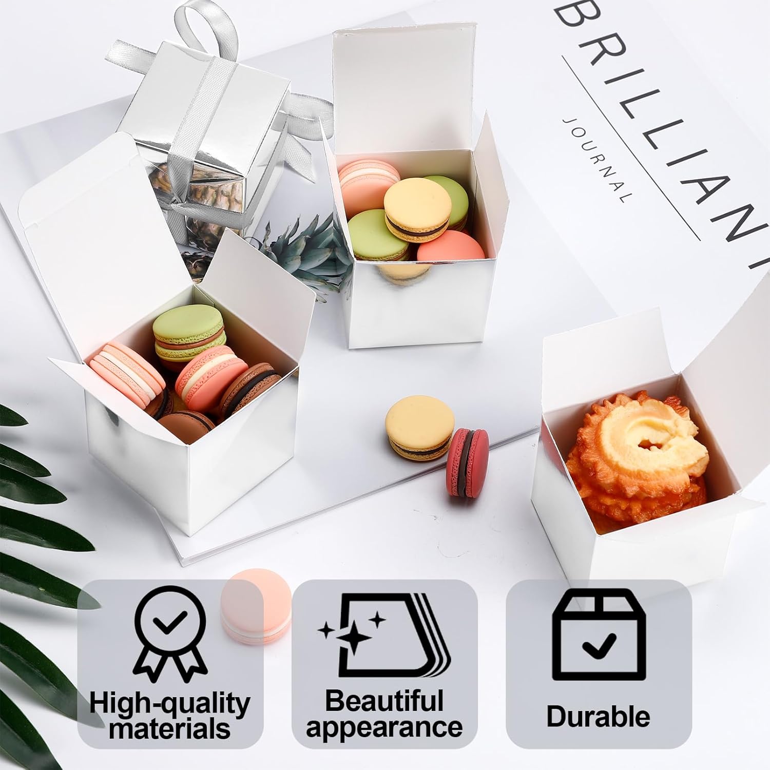 COCPOK 50 Pack Silver Gift Boxes, 2x2x2 inch Gift Box, Small Candy Boxes with Lids and Ribbons, Paper Favor Box for Wedding Bridal Shower Baby Shower Birthday Party - Image 3