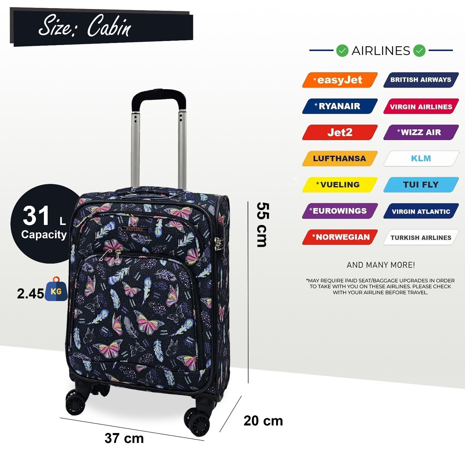 Infinity Leather 3 szt. lekkich walizek na 8 kółek bagaż podróżny miękkie torby, Motyl, Cabin 18", Bagaż podręczny