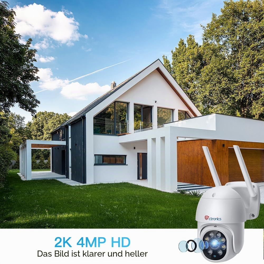 Ctronics 2.5K 4MP Überwachungskamera Aussen WLAN, PTZ 355°/90° Schwenkbar | 2,4/5GHz Dualband WiFi IP Kamera Outdoor mit Automatische Verfolgung, Personenerkennung, Farbiger Nachtsicht, IP66