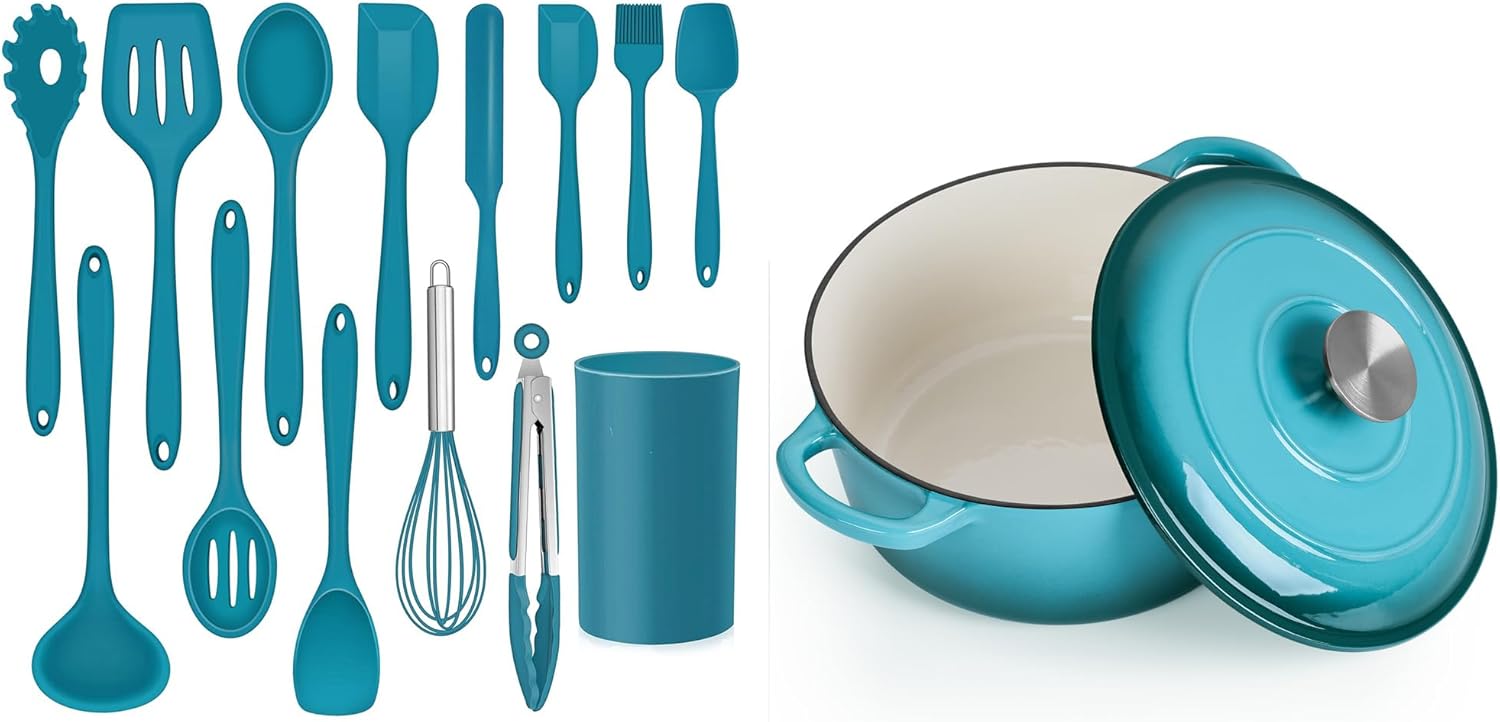LIANYU 14 Pcs Cooking Utensils Set with Holder, 3 QT Dutch Oven with Lid, Heat Resistant Silicone Kitchen Cookware Utensils Set, Heavy-Duty Enameled Cast Iron Dutch Oven Pot for Cooking
