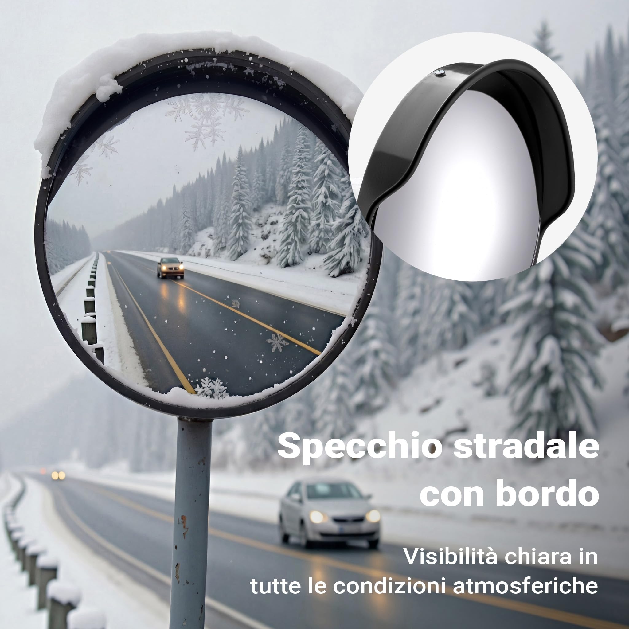 Wiltec Specchio stradale convesso 80 cm con bordo di protezione nero, specchio parabolico rotondo con campo visivo di 130°, per manovre all'esterno, materiale di montaggio incluso