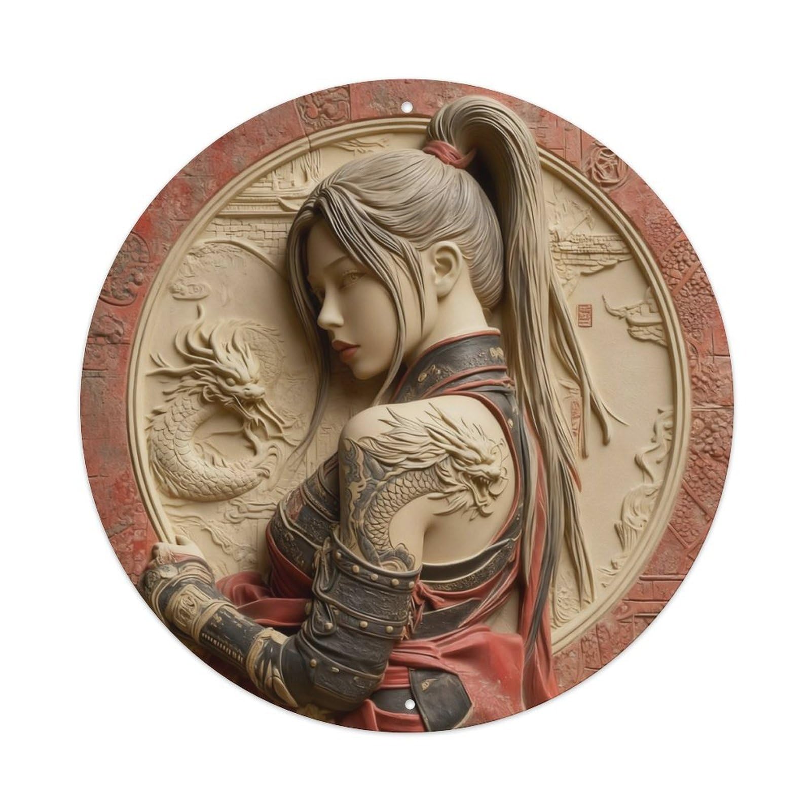 Zlatcbu Vintage Dragon Tattoo Warrior Woman Red Armor Metal Tin Sign Retro Wall Art Poster, Decor For Home Living Room Bar Cafe Garage, 8X8 Inch