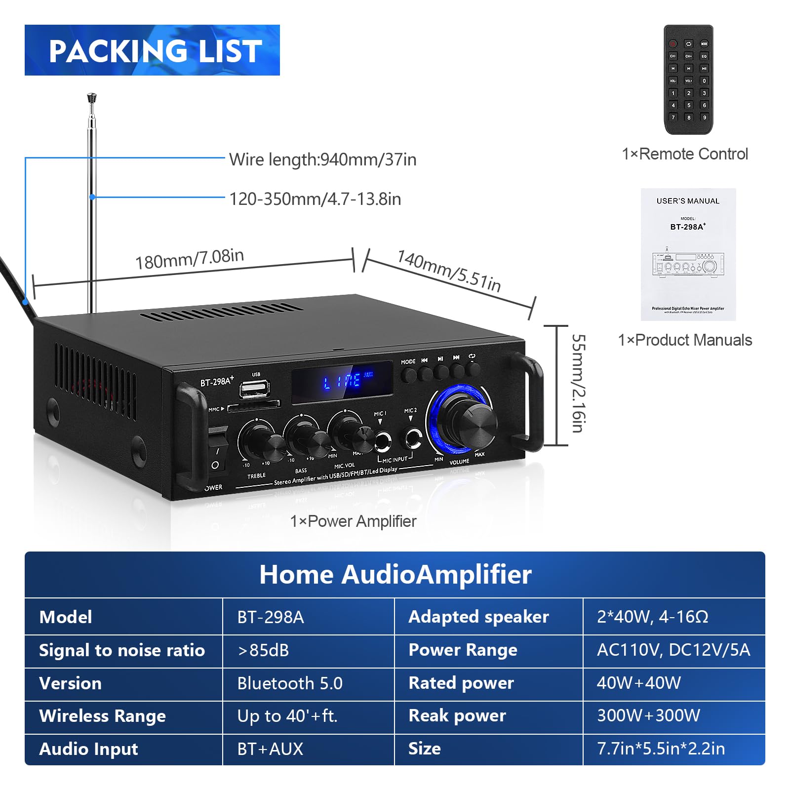 Amplificatore HiFi BT-298A+ Bluetooth5.0 Mini Stereo Audio Amplificatore Ricevitore 2 Canali 40W x 2 Amplificatore Bluetooth Digitale di Potenza con Radio FM, Scheda SD/USB per Casa/Auto