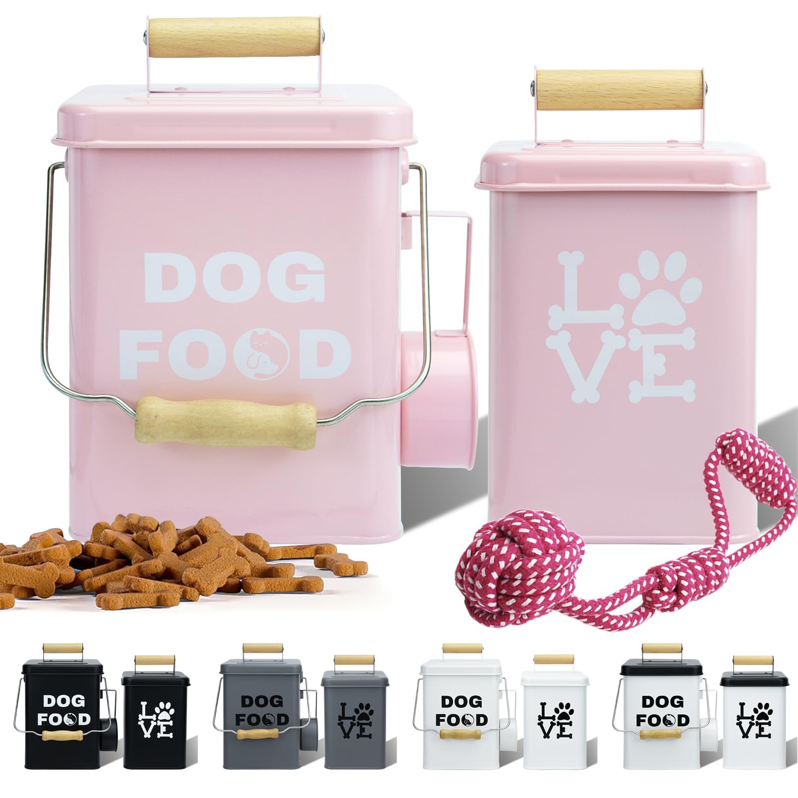Set Von 2 Metall-Hundefutterbehältern-24,5x14,5cm&21,8x12cm, Rosa Großer Niedliches Leckerli-Glas Mit Deckel, Inklusive Löffel und Hundespielzeug, Futterbehälter Für Haustiere Für Küchenarbeitsplatte